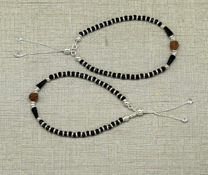 925 sterling silver handmade silver Rudraksh and black beads bracelet , pretty charm bracelet, customized beaded jewelry for girls sbr175 - TRIBAL ORNAMENTS