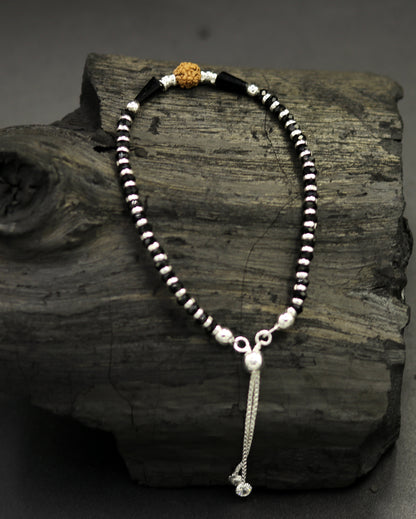 925 sterling silver handmade silver Rudraksh and black beads bracelet , pretty charm bracelet, customized beaded jewelry for girls sbr175 - TRIBAL ORNAMENTS