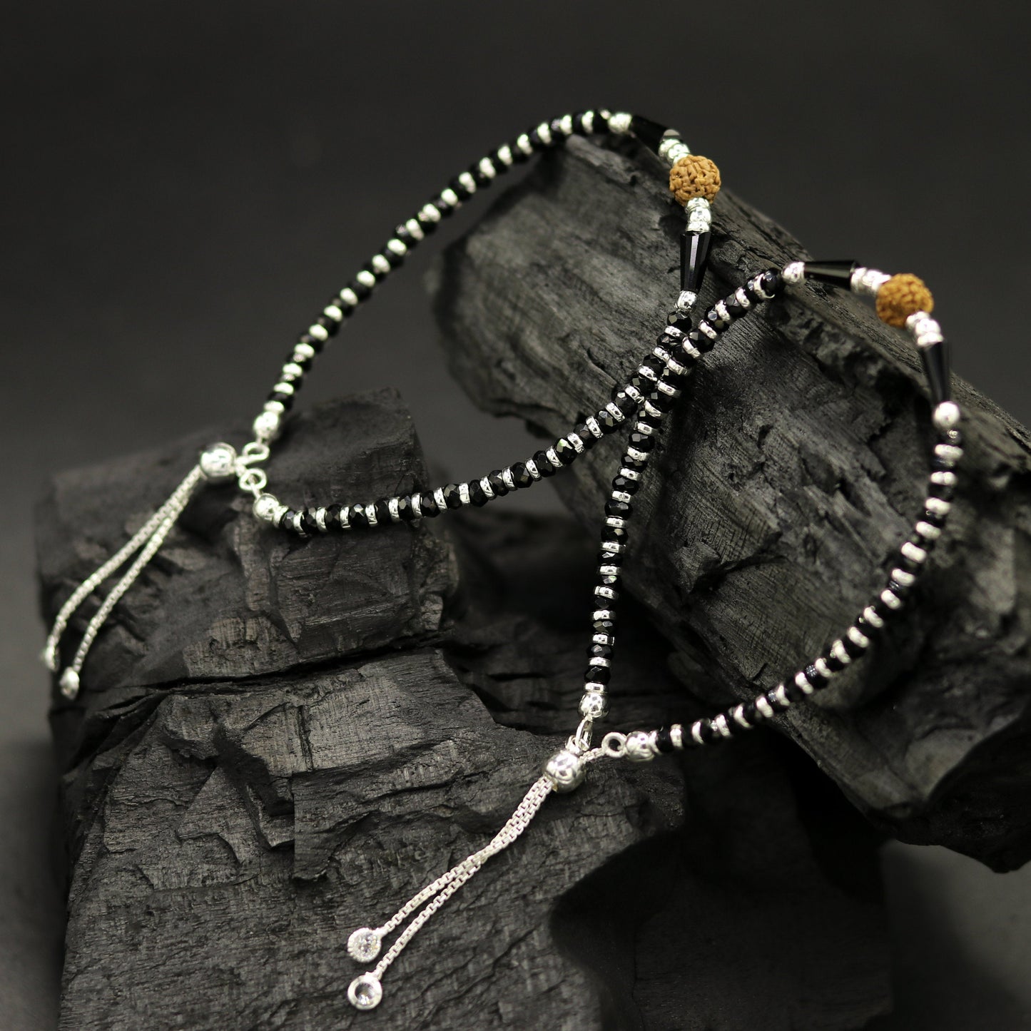 925 sterling silver handmade silver Rudraksh and black beads bracelet , pretty charm bracelet, customized beaded jewelry for girls sbr175 - TRIBAL ORNAMENTS