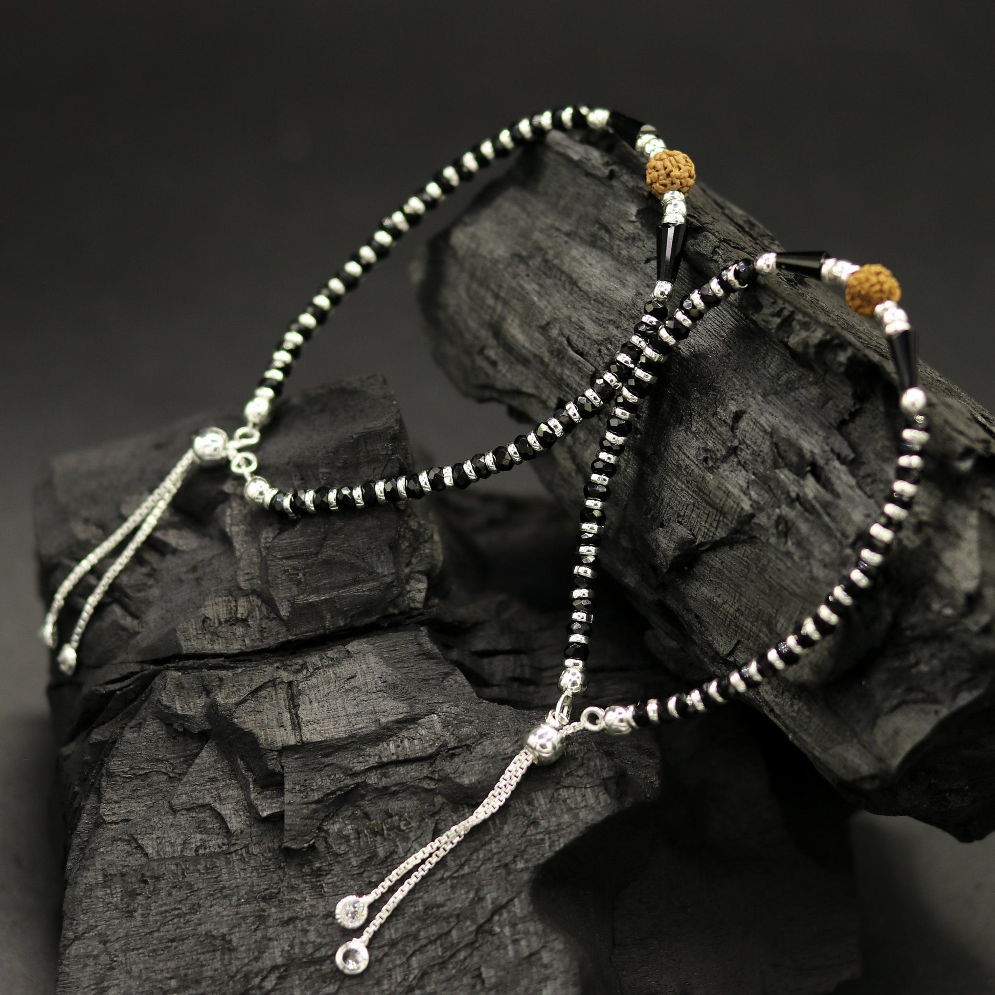 925 sterling silver handmade silver Rudraksh and black beads bracelet , pretty charm bracelet, customized beaded jewelry for girls sbr175 - TRIBAL ORNAMENTS