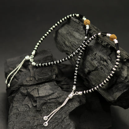 925 sterling silver handmade silver Rudraksh and black beads bracelet , pretty charm bracelet, customized beaded jewelry for girls sbr175 - TRIBAL ORNAMENTS