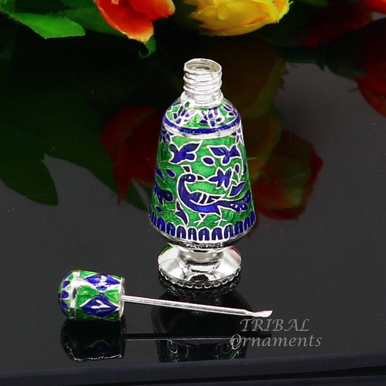 925 sterling silver handmade Sindoor box, Kumkum box/ trinket box brides enamel (meenakari) jewelry collection from Rajasthan india stb719 - TRIBAL ORNAMENTS