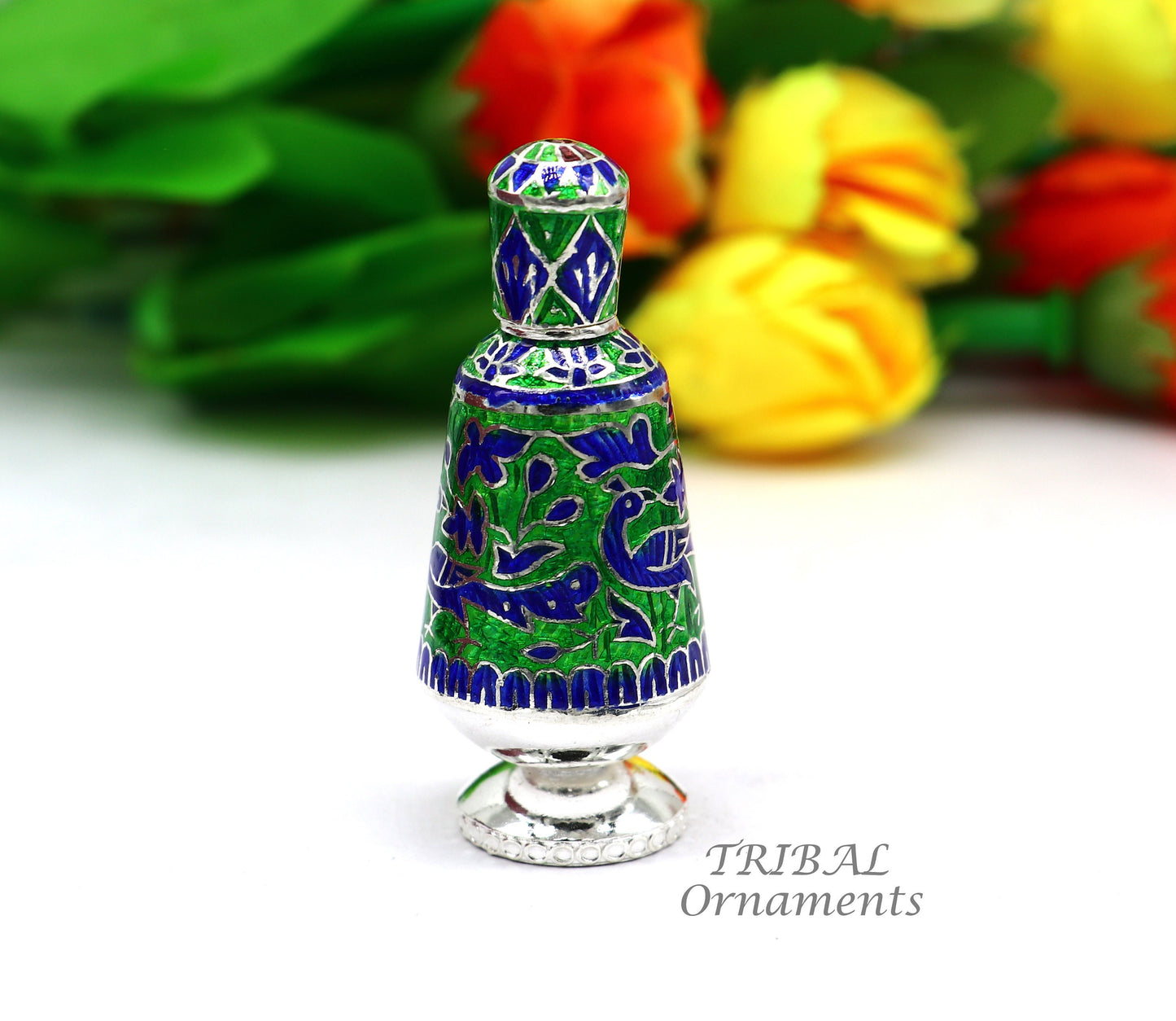 925 sterling silver handmade Sindoor box, Kumkum box/ trinket box brides enamel (meenakari) jewelry collection from Rajasthan india stb719 - TRIBAL ORNAMENTS