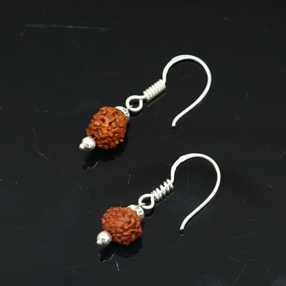 Sterling silver handmade Rudraksha ball hoops earrings, drop dangling design, perfect for bridesmaids or special occasions.