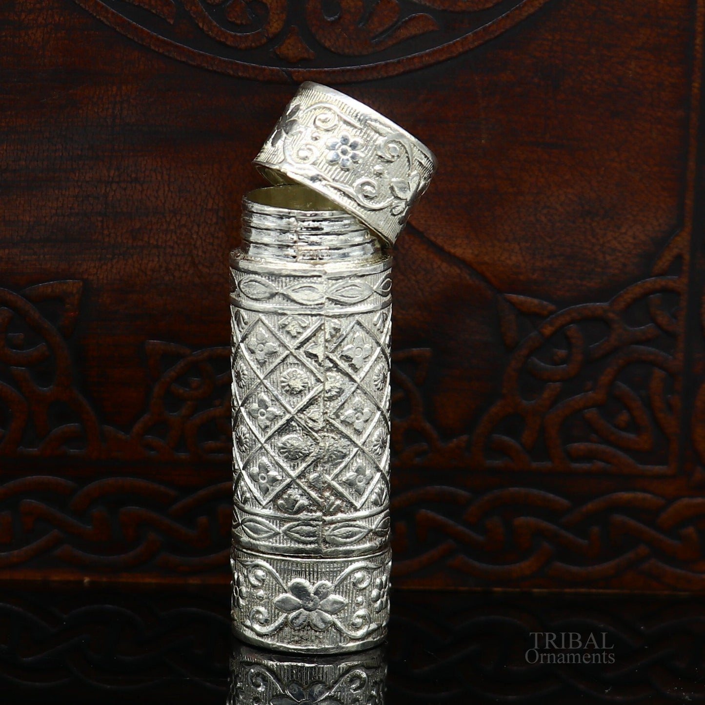 925 sterling silver handmade pill box and tobacco storage box by TRIBAL ORNAMENTS, featuring intricate silver utensils and personal men's accessories.