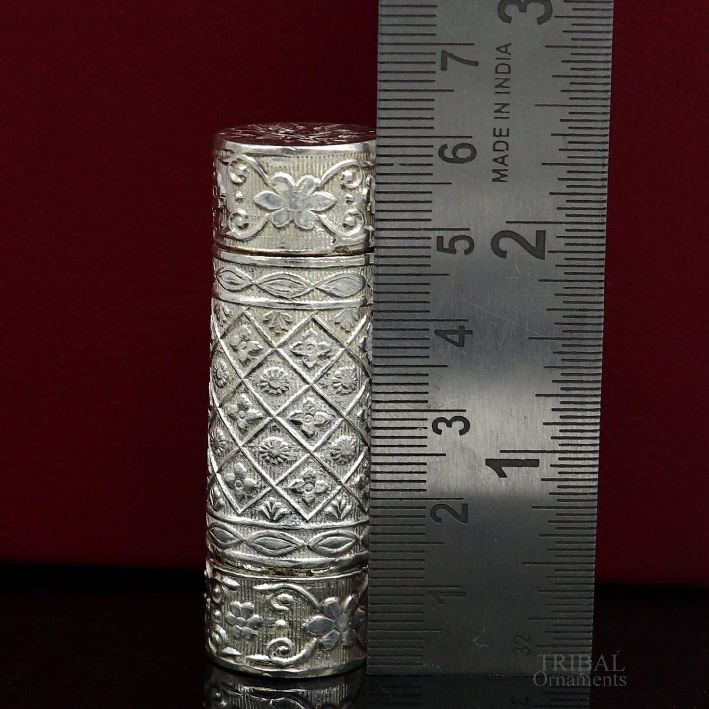 Handmade 925 sterling silver pill and tobacco box with intricate tribal ornament design, suitable for personal storage or accessories.