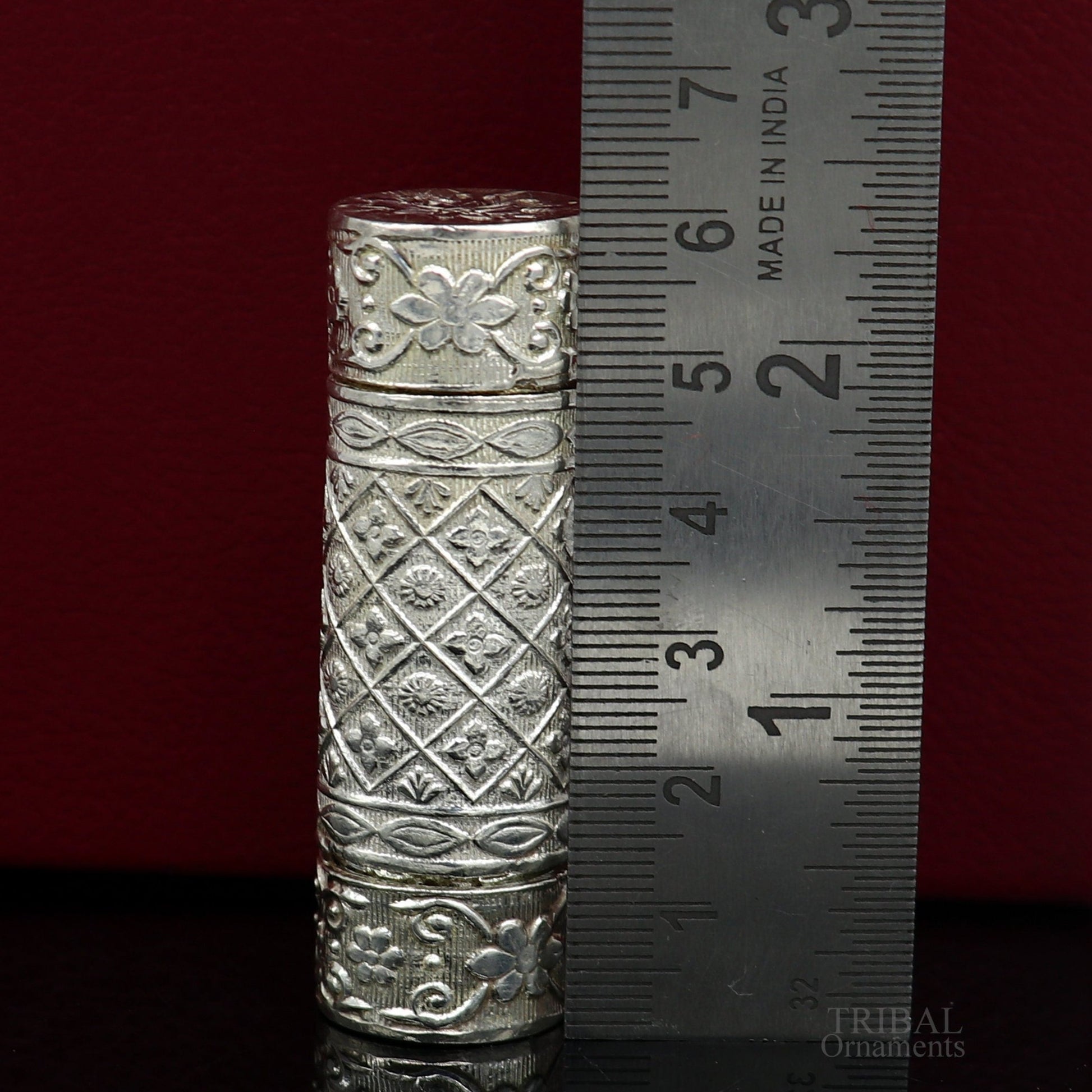 Handmade 925 sterling silver pill and tobacco box with intricate tribal ornament design, suitable for personal storage or accessories.