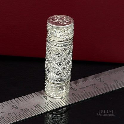 925 sterling silver handmade small pill box with intricate tribal ornament design, used for storage and personal accessories.