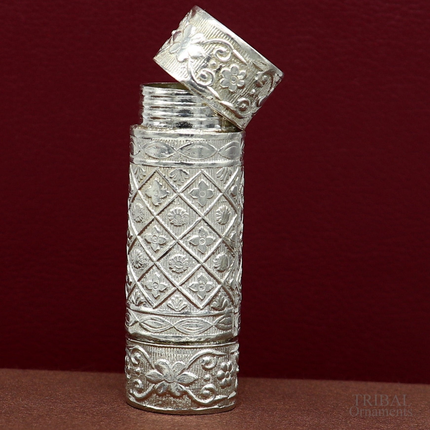 925 sterling silver handmade small pill box and tobacco storage box by TRIBAL ORNAMENTS, featuring silver utensils and personal men's accessories.