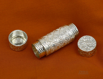 Sterling silver handmade small pill and tobacco box by TRIBAL ORNAMENTS, featuring intricate silver utensils and compact personal storage.