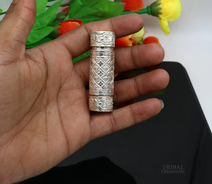 925 sterling silver handmade small pill and tobacco box by TRIBAL ORNAMENTS, with detailed silver utensil design and compact storage.