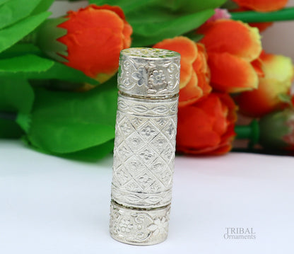 925 sterling silver handmade small pill box and tobacco storage box by TRIBAL ORNAMENTS, with intricate silver utensil design.