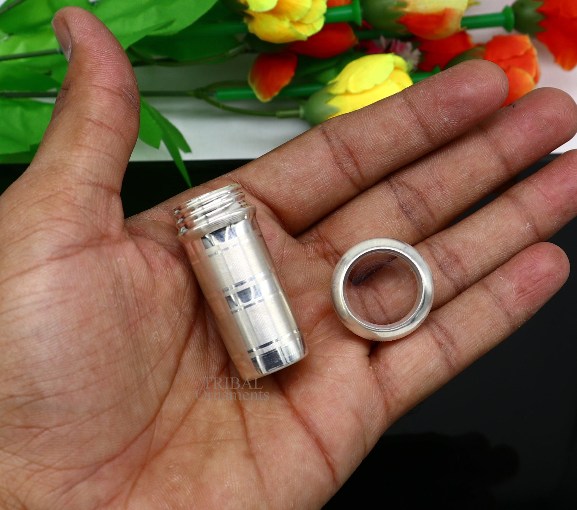 925 Sterling silver handmade small pill box and tobacco storage box by TRIBAL ORNAMENTS, with detailed silver utensils design.