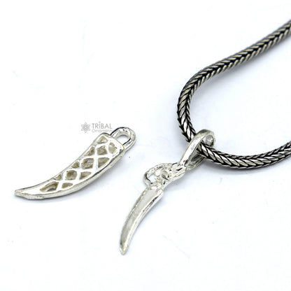 925 sterling silver handmade small sword pendant, unisex dagger-style jewelry by TRIBAL ORNAMENTS, detailed designer jewelry piece