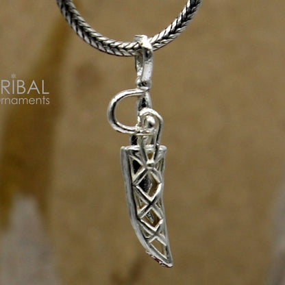 925 sterling silver handmade small sword talwar kirpan pendant with detailed design, symbolizing protection, by TRIBAL ORNAMENTS.