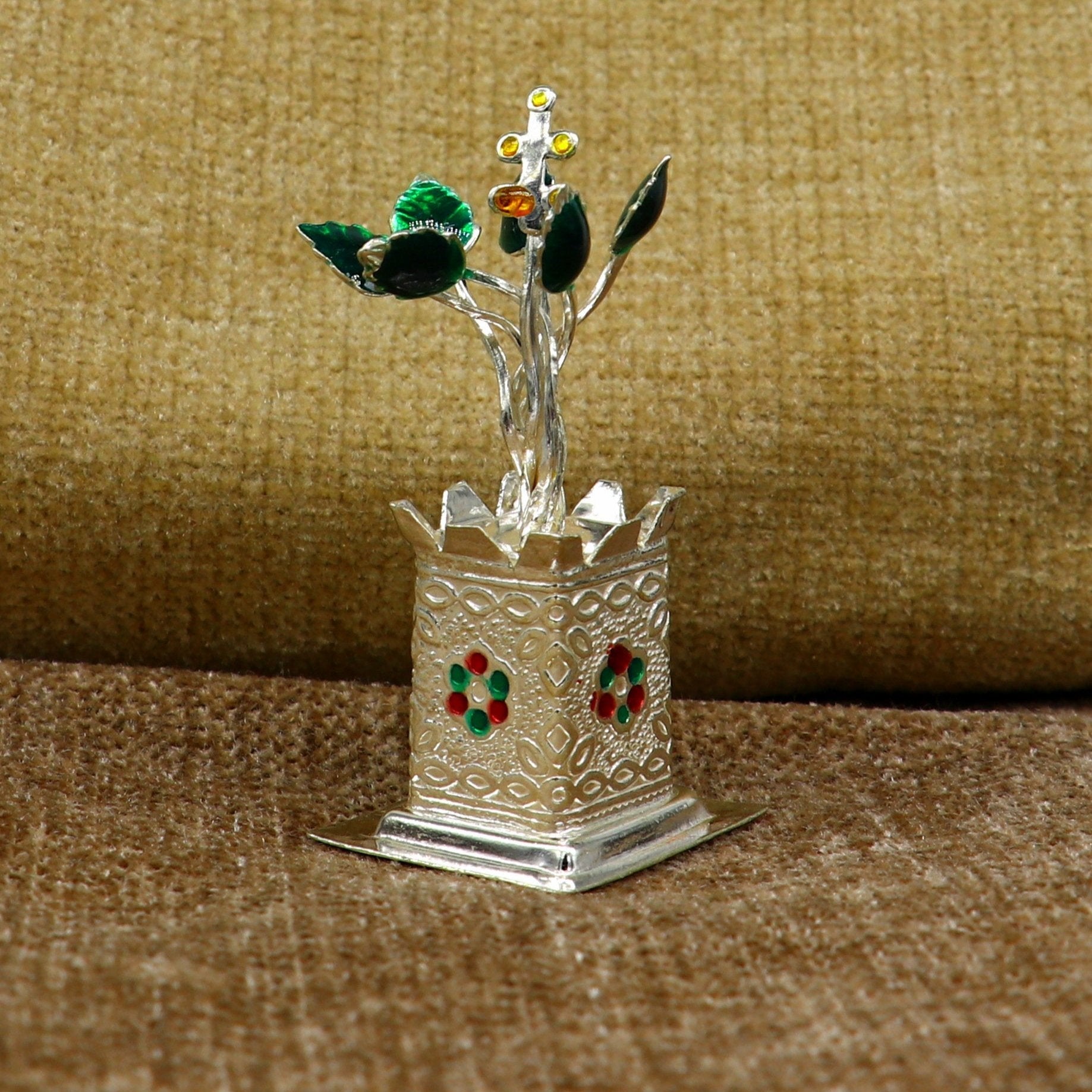 925 sterling silver handmade small tulsi plant basil rosary plant for puja temple article, fabulous customized silver utensils article su159 - TRIBAL ORNAMENTS