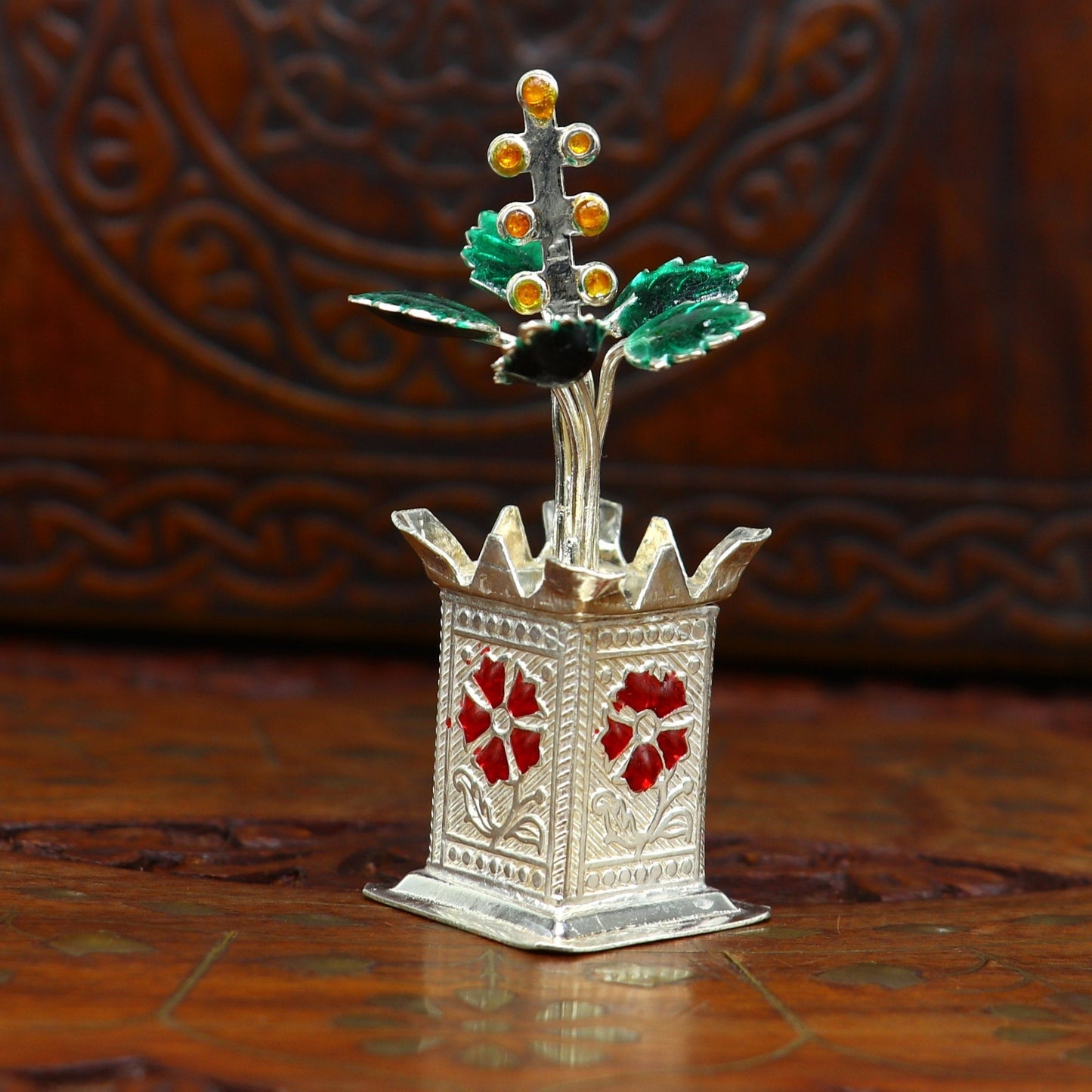 925 sterling silver handmade small tulsi plant basil rosary plant, puja temple article, elegant customized silver utensils article su232 - TRIBAL ORNAMENTS