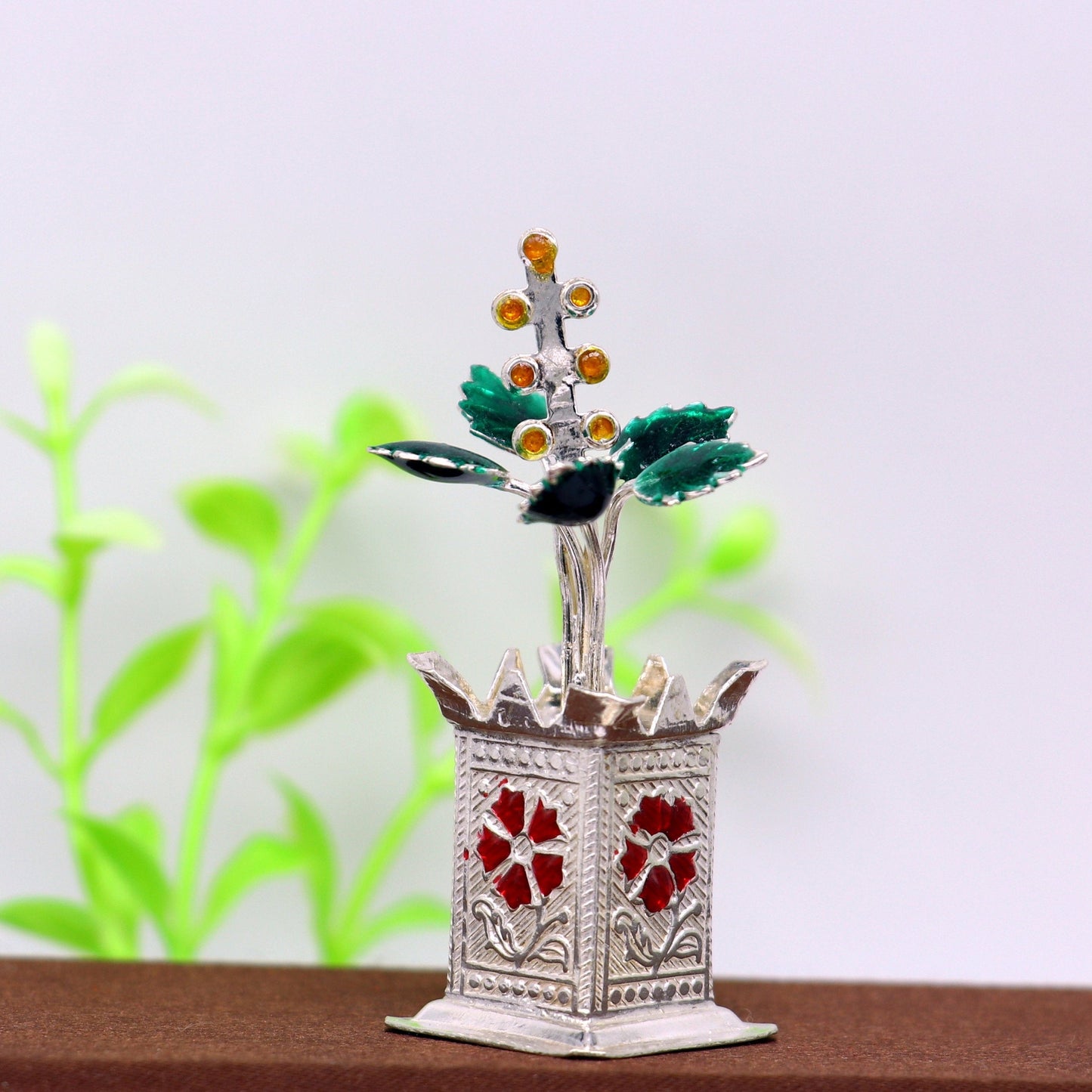 925 sterling silver handmade small tulsi plant basil rosary plant, puja temple article, elegant customized silver utensils article su232 - TRIBAL ORNAMENTS