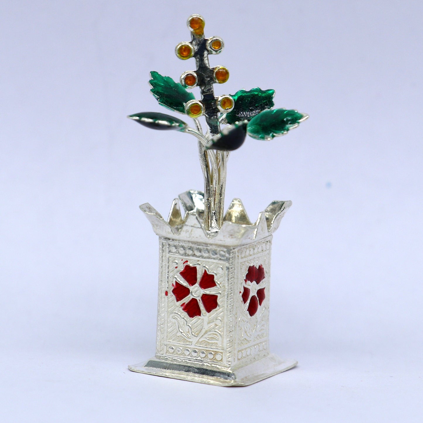 925 sterling silver handmade small tulsi plant basil rosary plant, puja temple article, elegant customized silver utensils article su232 - TRIBAL ORNAMENTS