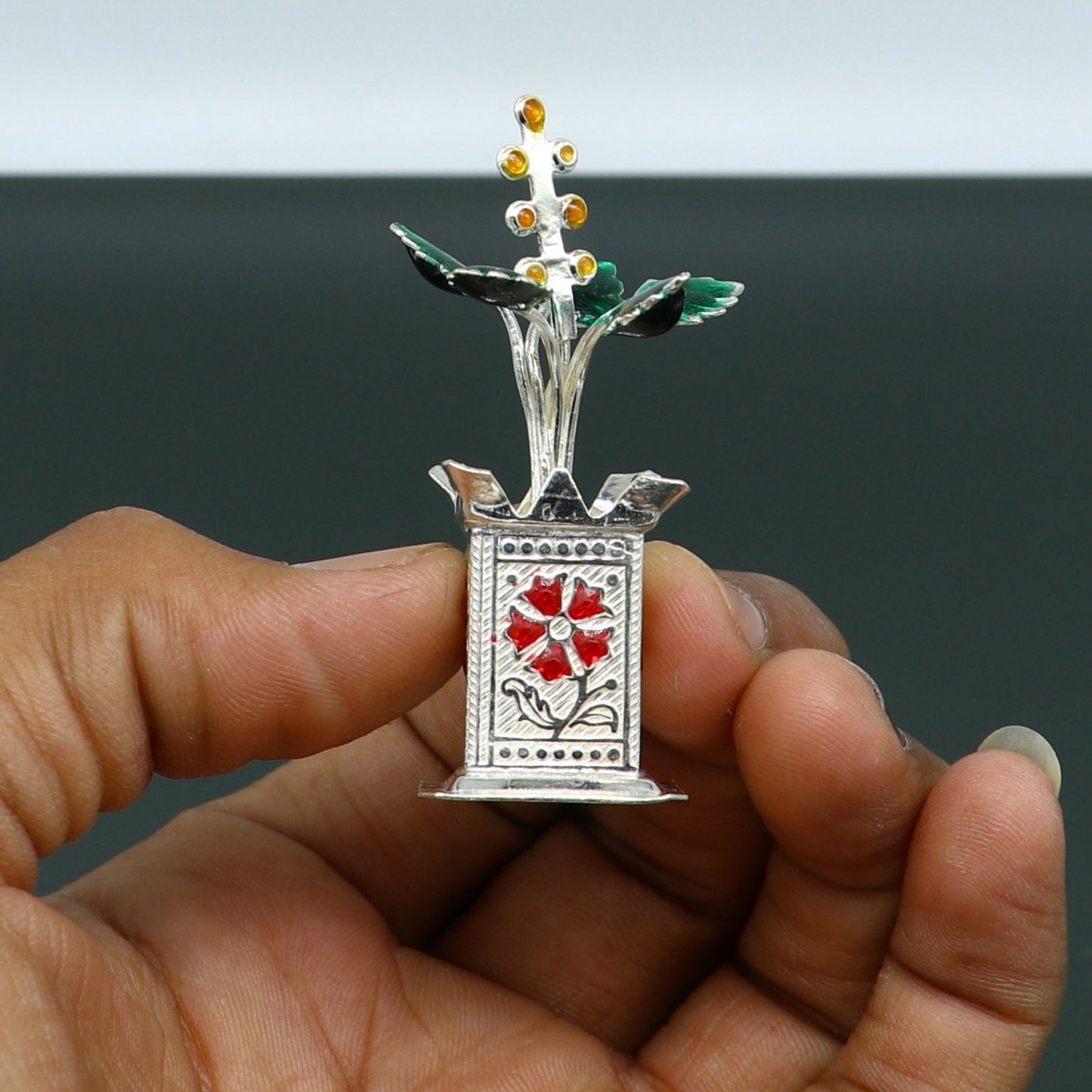 925 sterling silver handmade small tulsi plant basil rosary plant, puja temple article, elegant customized silver utensils article su232 - TRIBAL ORNAMENTS