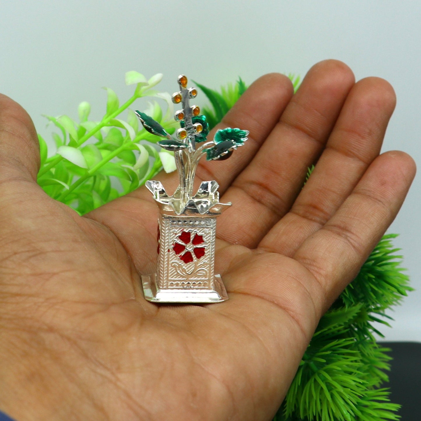 925 sterling silver handmade small tulsi plant basil rosary plant, puja temple article, elegant customized silver utensils article su232 - TRIBAL ORNAMENTS
