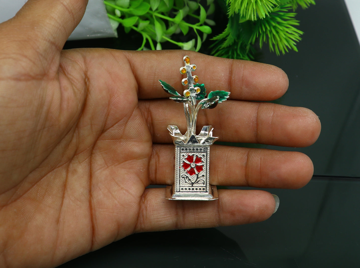 925 sterling silver handmade small tulsi plant basil rosary plant, puja temple article, elegant customized silver utensils article su232 - TRIBAL ORNAMENTS