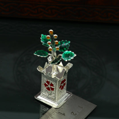 925 sterling silver handmade small tulsi plant basil rosary plant, puja temple article, elegant customized silver utensils article su232 - TRIBAL ORNAMENTS