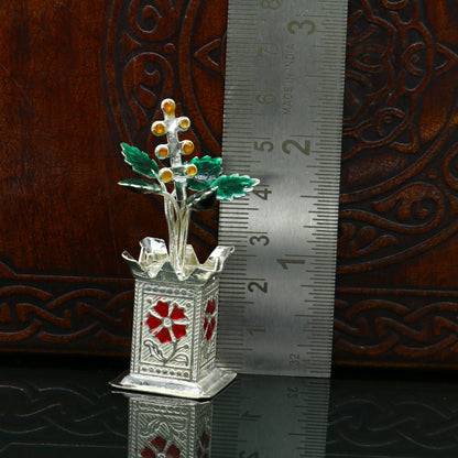 925 sterling silver handmade small tulsi plant basil rosary plant, puja temple article, elegant customized silver utensils article su232 - TRIBAL ORNAMENTS