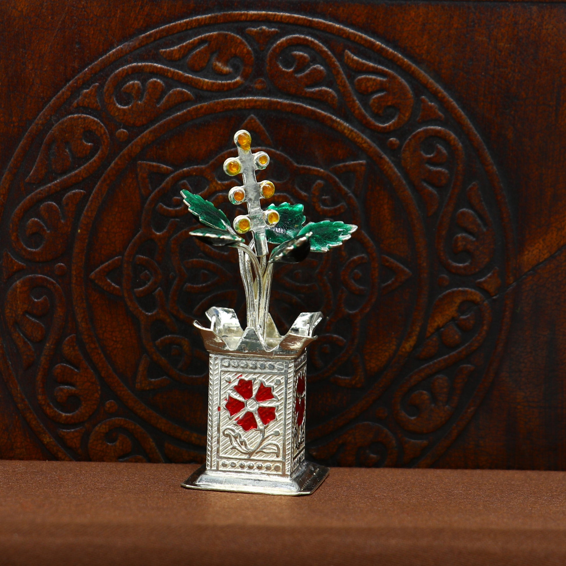 925 sterling silver handmade small tulsi plant basil rosary plant, puja temple article, elegant customized silver utensils article su232 - TRIBAL ORNAMENTS
