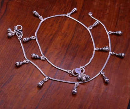 Sterling silver handmade snake chain anklet from TRIBAL ORNAMENTS, dainty foot jewelry with charm, perfect for gifting or belly dance.