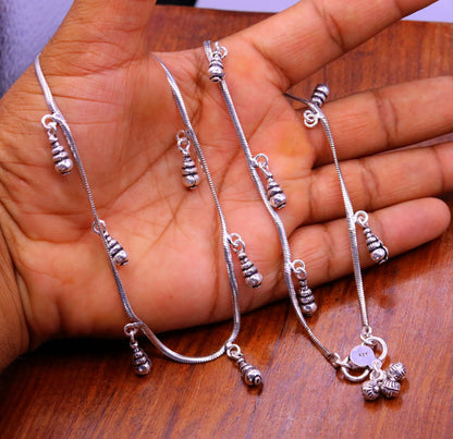 925 sterling silver handmade snake chain anklet from TRIBAL ORNAMENTS, dainty foot jewelry with charm, perfect for belly dance or gifting.