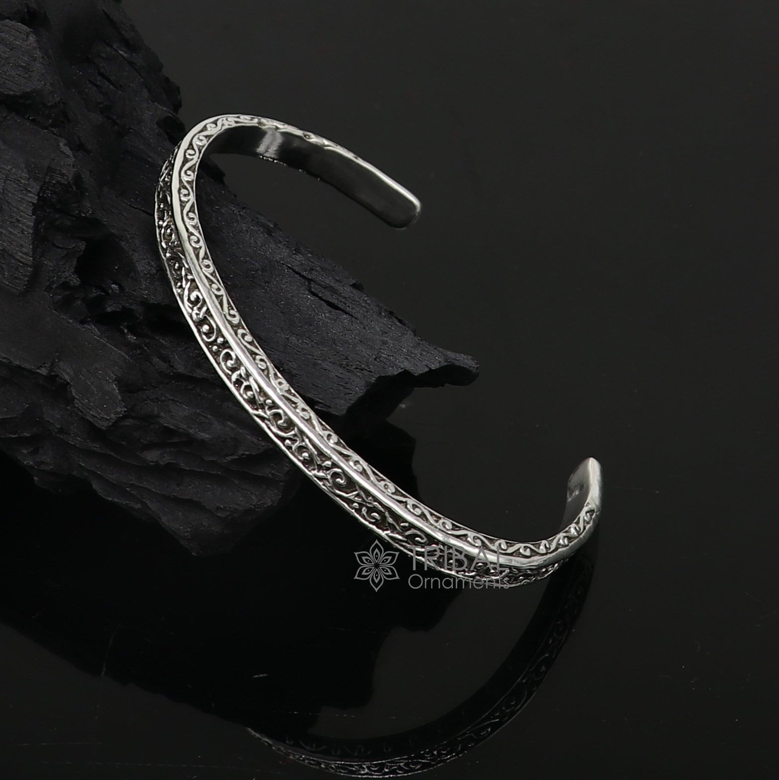 Sterling silver handmade antique finish fashion kada cuff bracelet, unisex jewelry with intricate design and solid silver craftsmanship.