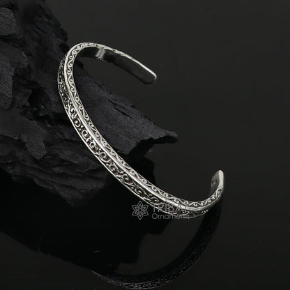 Sterling silver handmade antique finish fashion kada cuff bracelet, unisex jewelry with intricate design and solid silver craftsmanship.