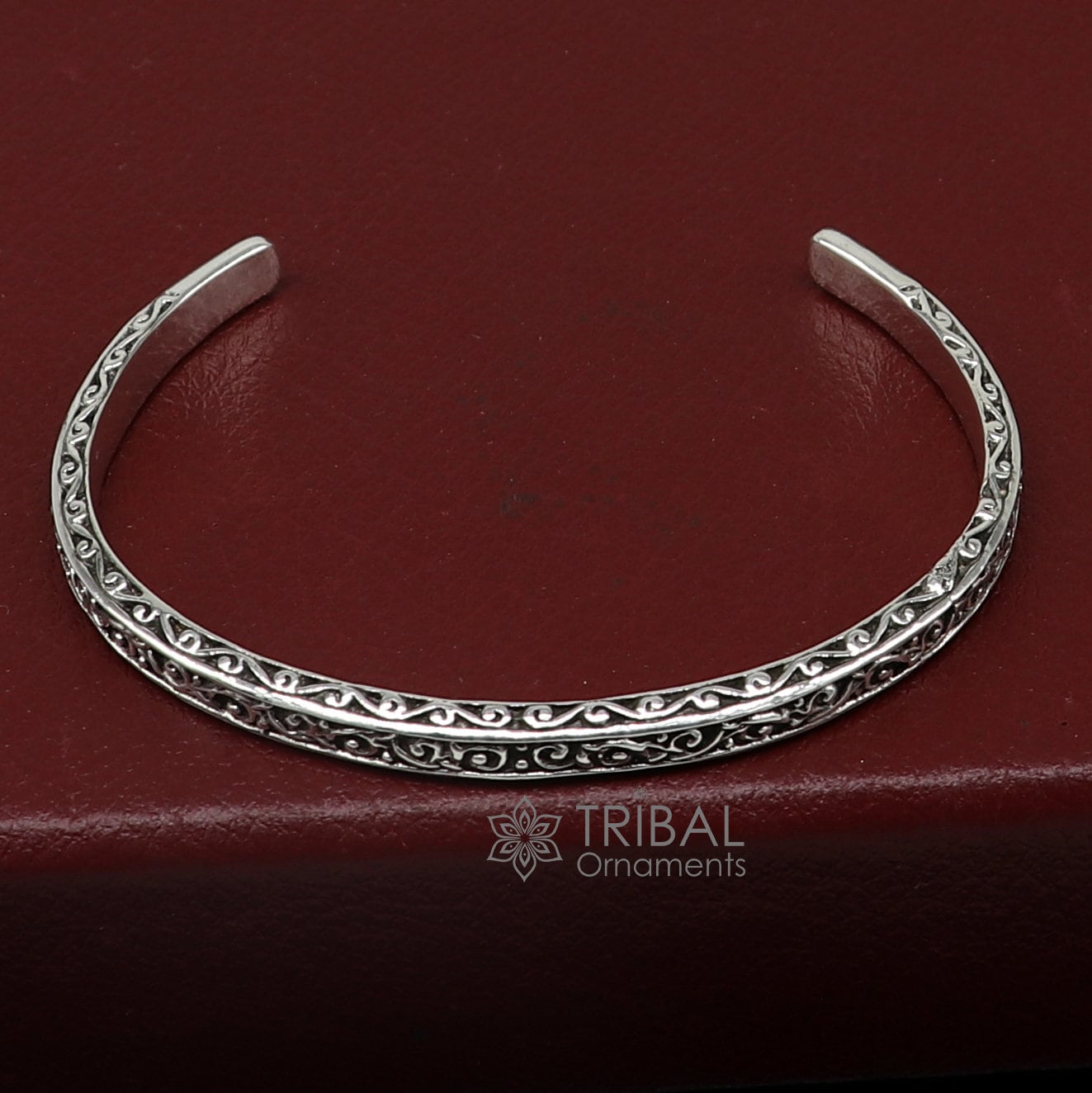 Sterling silver handmade antique finish fashion cuff bracelet by TRIBAL ORNAMENTS, unisex solid silver kada jewelry with intricate design.