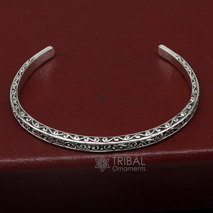 Sterling silver handmade antique finish fashion cuff bracelet by TRIBAL ORNAMENTS, unisex solid silver kada jewelry with intricate design.