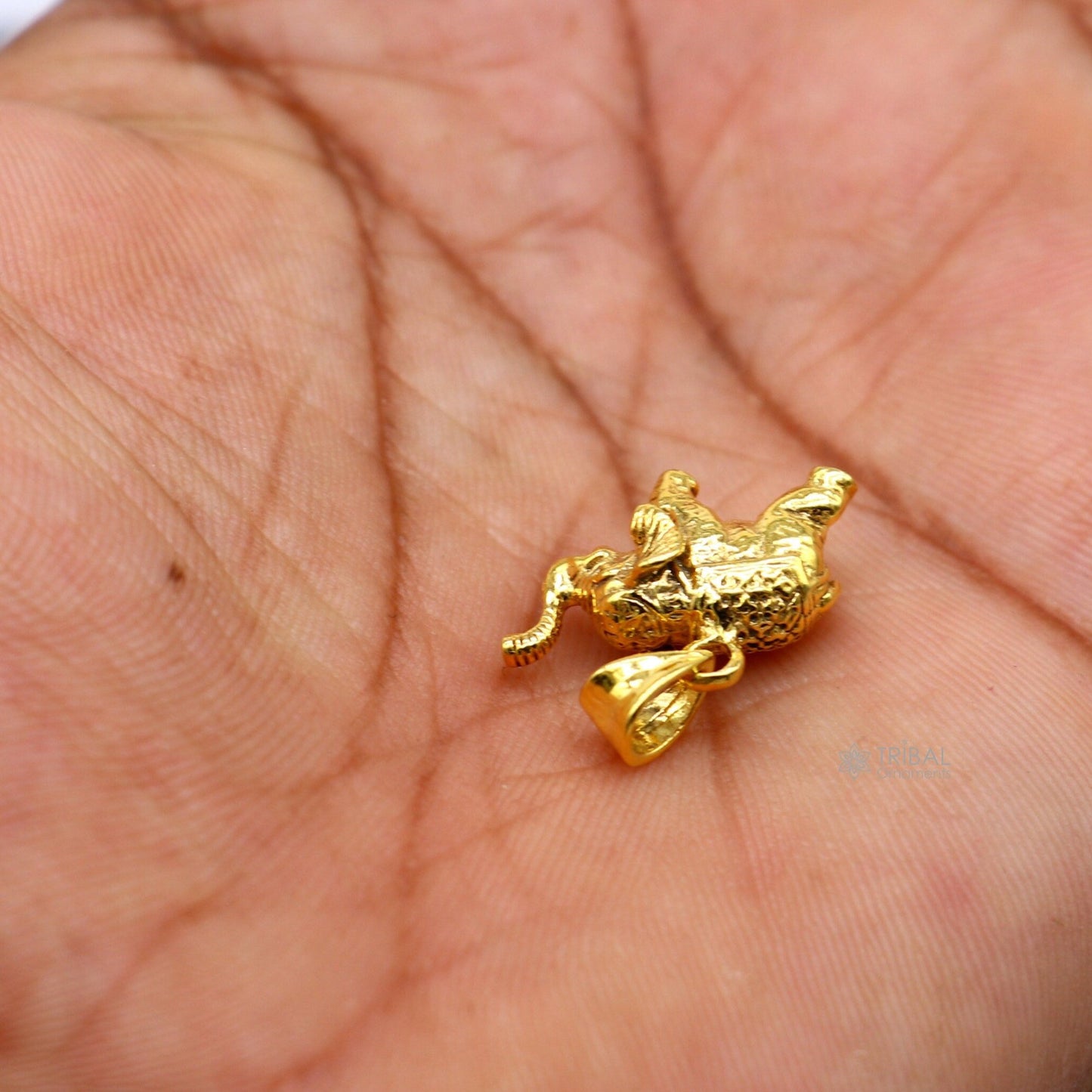925 sterling silver elephant pendant with gold polish, handmade tribal jewelry featuring a lucky, detailed small elephant design.