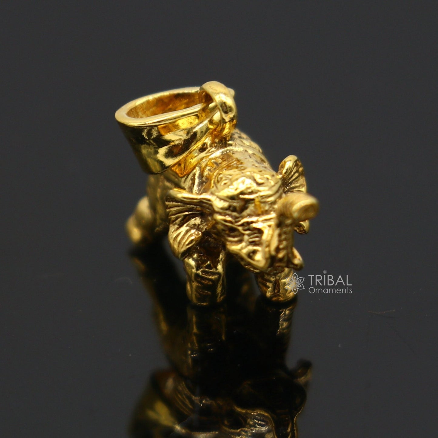 925 sterling silver elephant pendant by TRIBAL ORNAMENTS, featuring a gold polished, handcrafted, small lucky jewelry design.