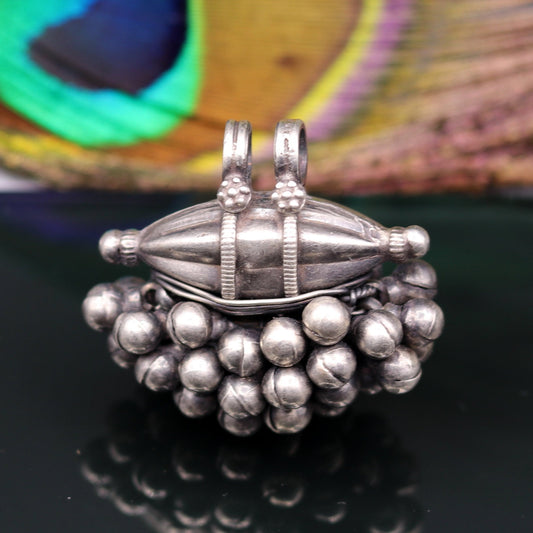 925 Sterling silver handmade solid pendant with hanging jingle bells awesome vintage antique design tribal jewelry  nsp58 - TRIBAL ORNAMENTS