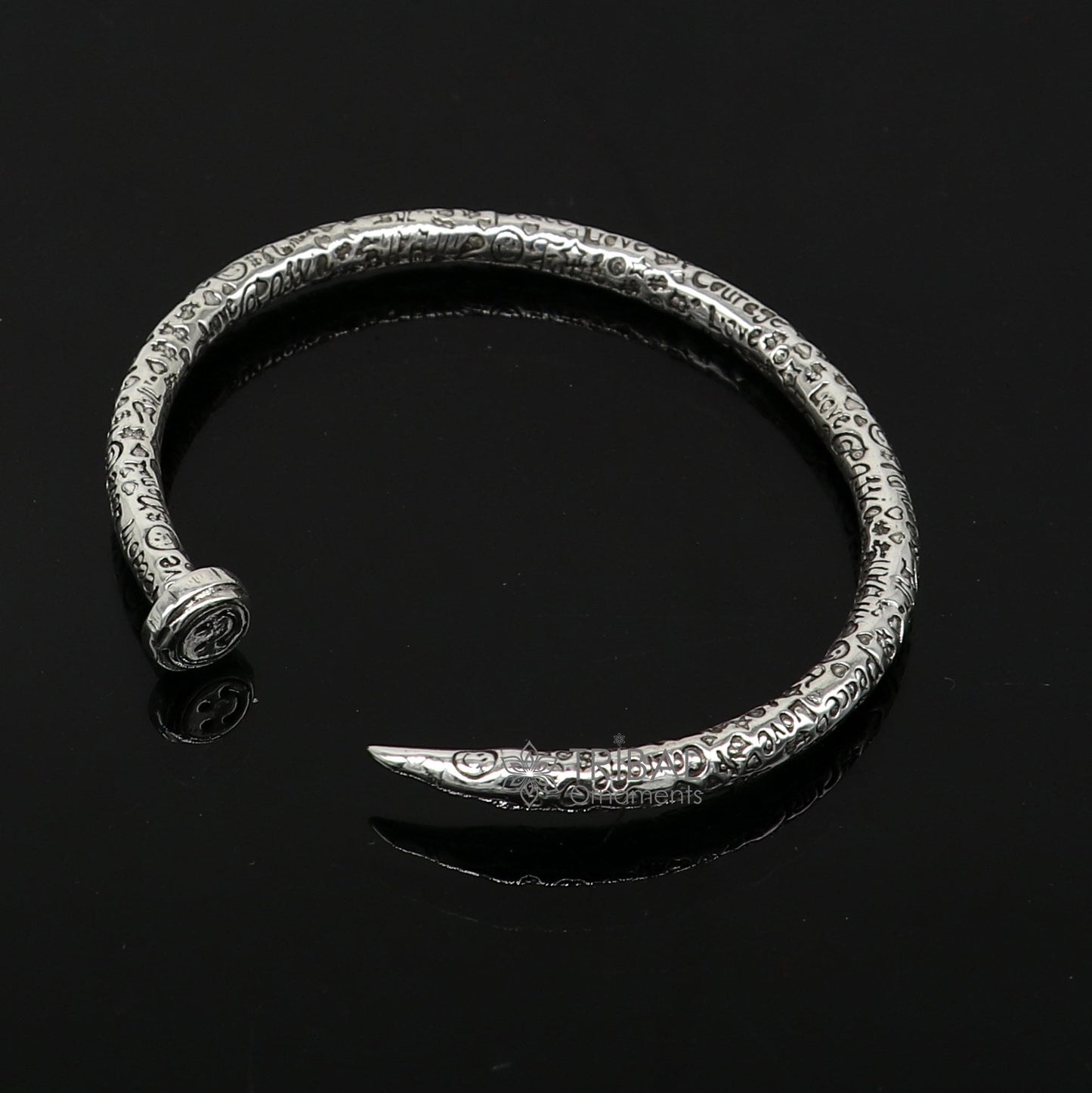 Sterling silver handmade adjustable cuff bracelet with printed text, unisex design, tribal ornament jewelry, solid silver kada style.