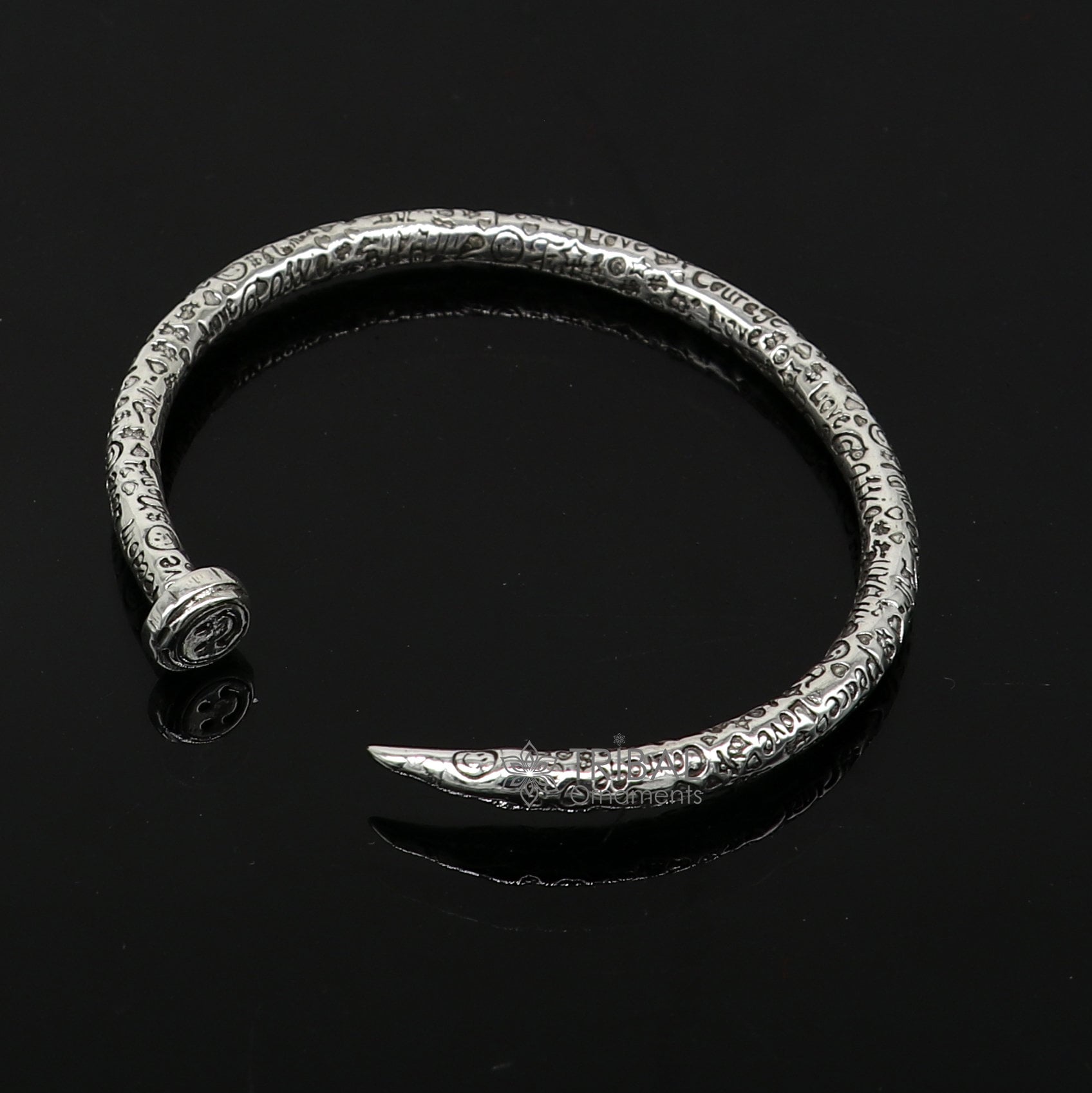 Sterling silver handmade adjustable cuff bracelet with printed text, unisex design, tribal ornament jewelry, solid silver kada style.