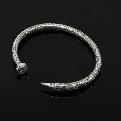 Sterling silver handmade adjustable cuff bracelet with printed text, unisex design, tribal ornament jewelry, solid silver kada style.