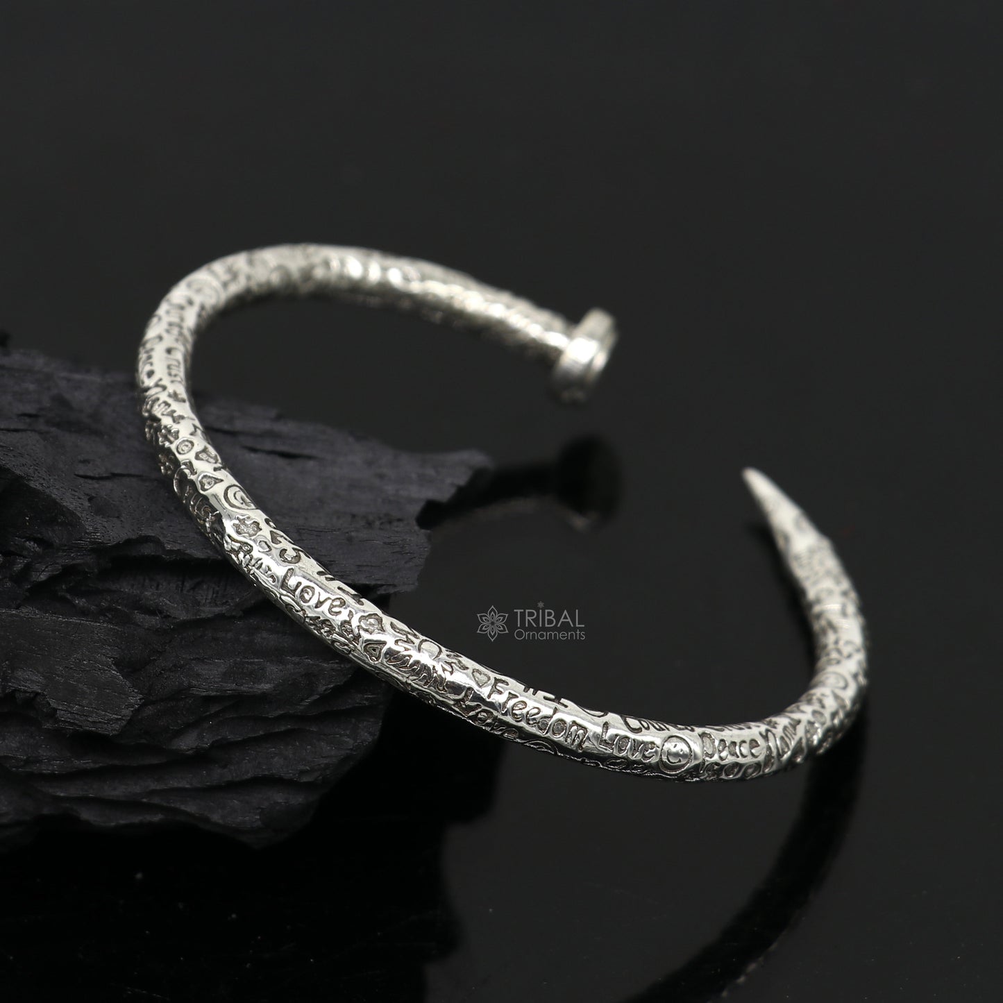 Sterling silver handmade adjustable cuff bracelet with printed text, unisex design, tribal ornament jewelry, solid silver kada bracelet