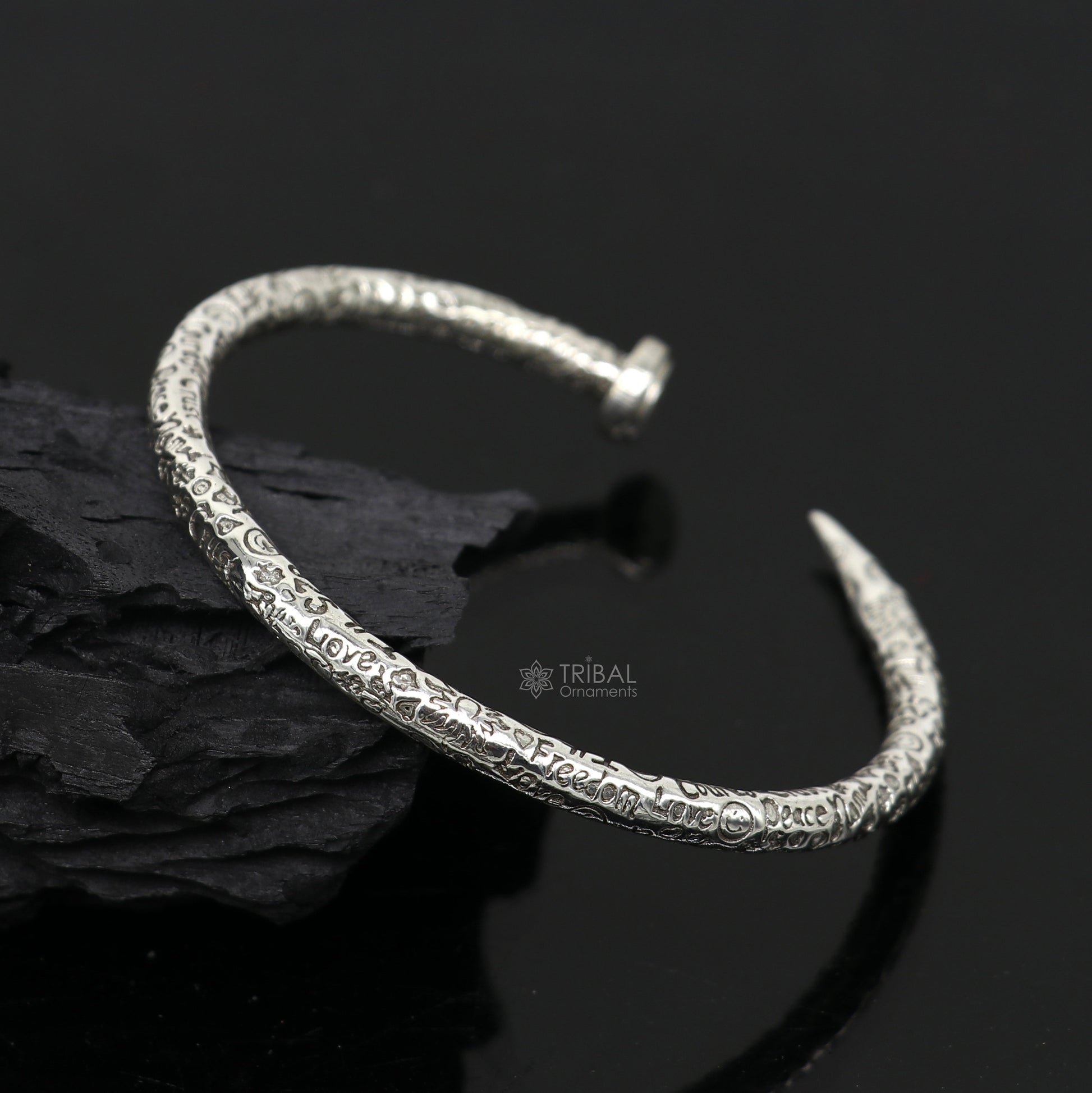 Sterling silver handmade adjustable cuff bracelet with printed text, unisex design, tribal ornament jewelry, solid silver kada bracelet