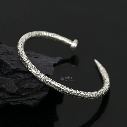 Sterling silver handmade adjustable cuff bracelet with printed text, unisex design, tribal ornament jewelry, solid silver kada bracelet