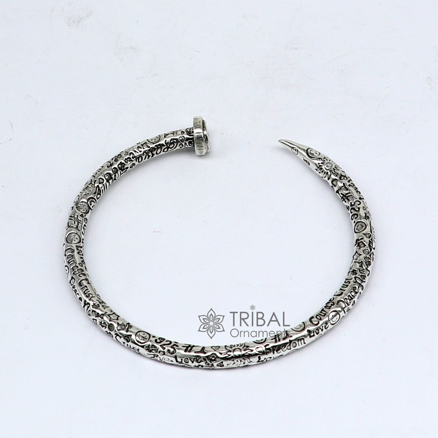 925 sterling silver handmade adjustable cuff bracelet with printed text, unisex tribal jewelry, solid silver kada style bracelet.