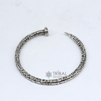 925 sterling silver handmade adjustable cuff bracelet with printed text, unisex tribal jewelry, solid silver kada style bracelet.