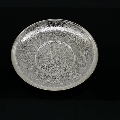 925 Sterling silver handmade tray for puja prasadam and food, featuring detailed idol designs, ideal for gifting or religious rituals.
