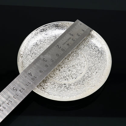 925 Sterling silver handmade tray with detailed idols for puja and prasadam, ideal for religious ceremonies and gifting.