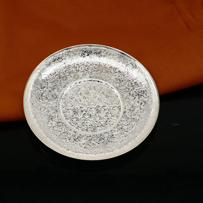 925 Sterling silver handmade tray with idols and prasadam plates, traditional puja utensils by TRIBAL ORNAMENTS.