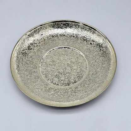 925 Sterling silver handmade tray with intricate designs, ideal for puja, prasadam, and religious offerings, by TRIBAL ORNAMENTS.